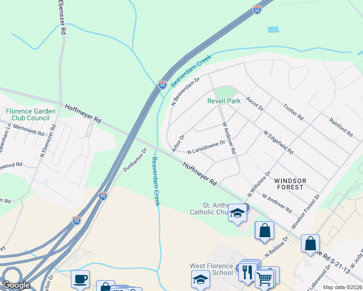 map of restaurants, bars, coffee shops, grocery stores, and more near 520 Arbor Drive in Florence