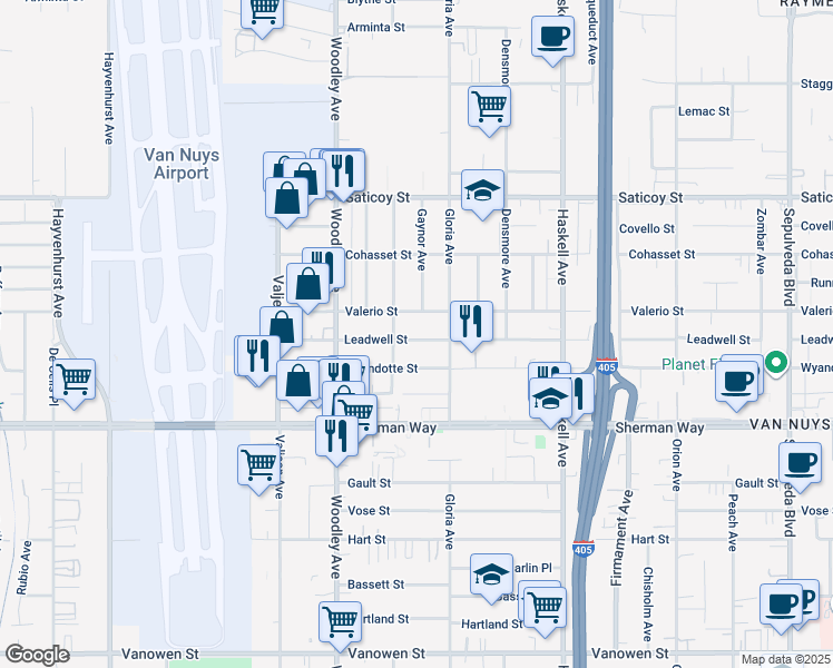 map of restaurants, bars, coffee shops, grocery stores, and more near 15933 Leadwell Street in Los Angeles