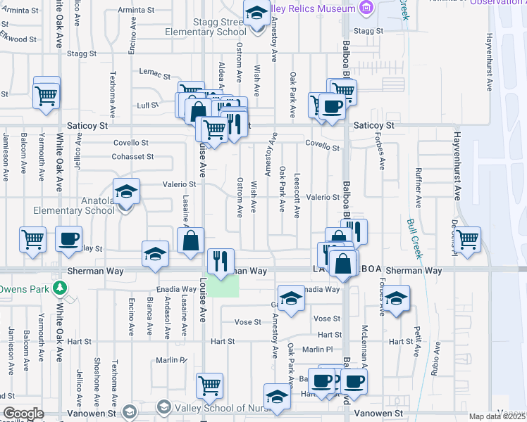 map of restaurants, bars, coffee shops, grocery stores, and more near 7341 Amestoy Avenue in Los Angeles