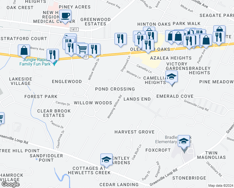 map of restaurants, bars, coffee shops, grocery stores, and more near 5519 Plover Court in Wilmington