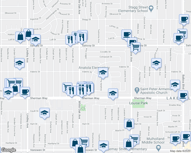 map of restaurants, bars, coffee shops, grocery stores, and more near 7337 Caldus Avenue in Los Angeles