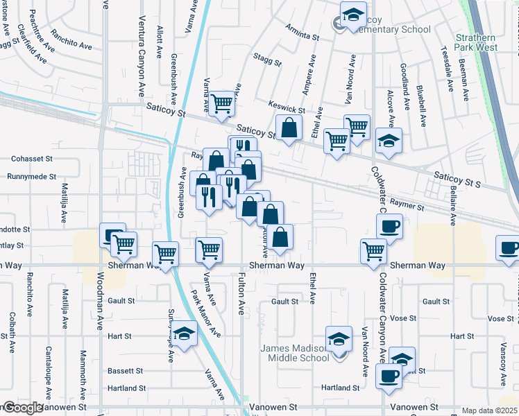 map of restaurants, bars, coffee shops, grocery stores, and more near 7342 1/2 Fulton Avenue in Los Angeles
