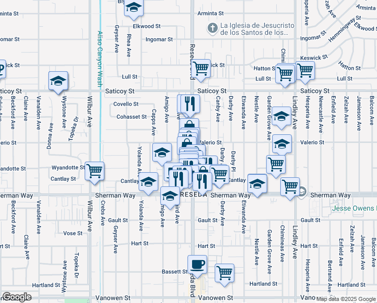 map of restaurants, bars, coffee shops, grocery stores, and more near 7343 Reseda Boulevard in Los Angeles