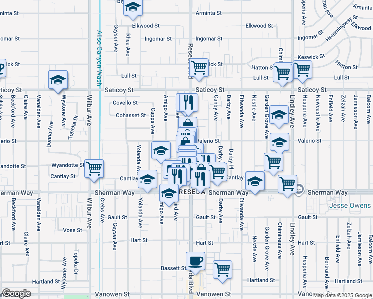 map of restaurants, bars, coffee shops, grocery stores, and more near 7343 Reseda Boulevard in Los Angeles