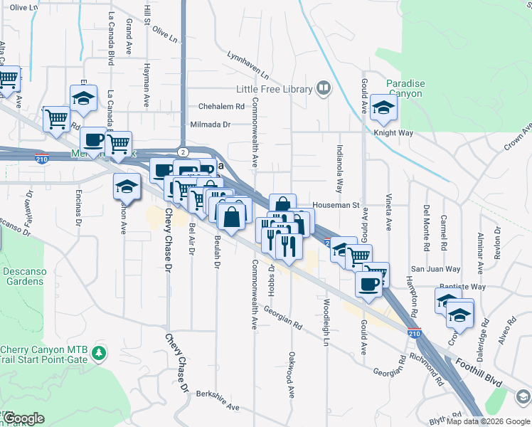 map of restaurants, bars, coffee shops, grocery stores, and more near 4615 Orange Knoll Avenue in La Cañada Flintridge