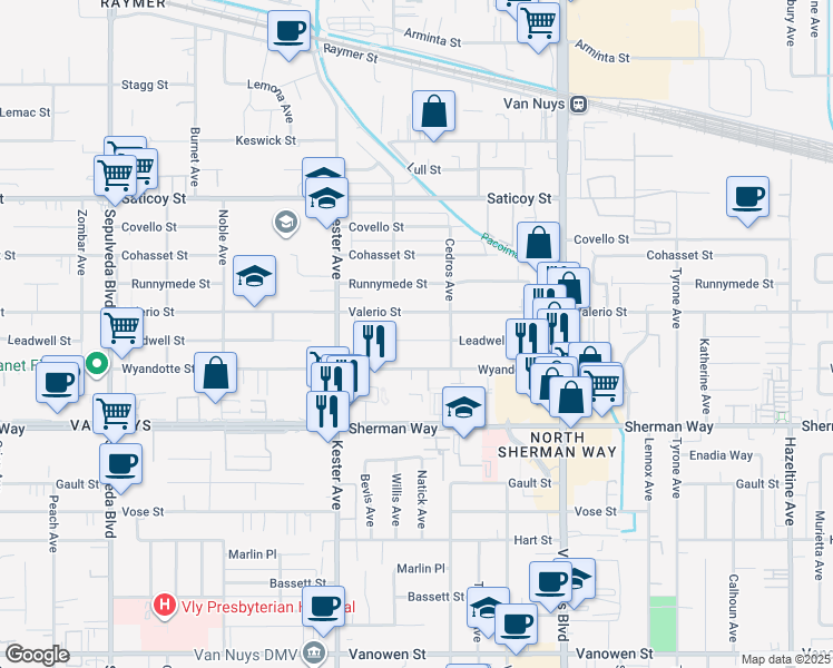 map of restaurants, bars, coffee shops, grocery stores, and more near 14737 Leadwell Street in Los Angeles