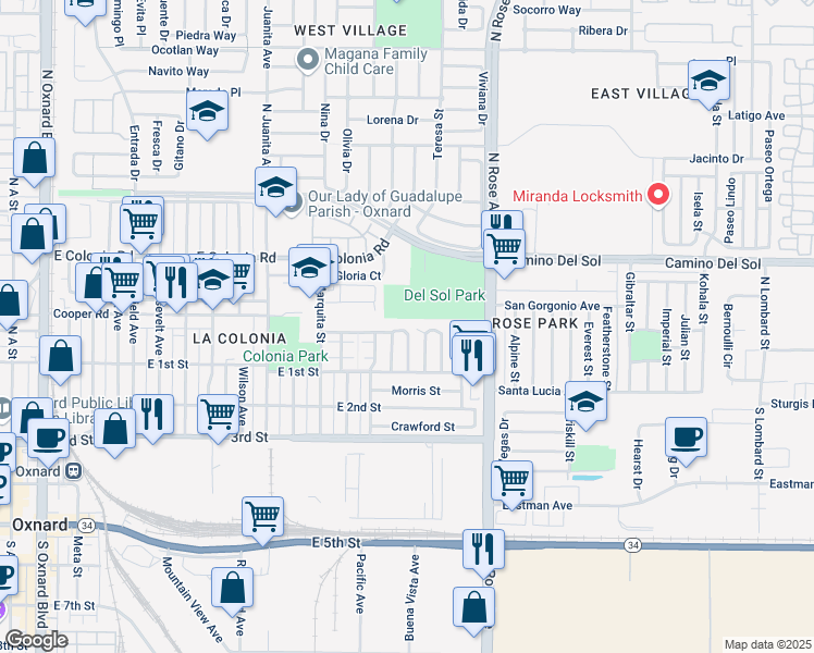 map of restaurants, bars, coffee shops, grocery stores, and more near 135 Carmelita Court in Oxnard