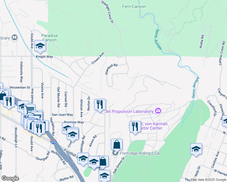 map of restaurants, bars, coffee shops, grocery stores, and more near 225 Mariners View Lane in La Cañada Flintridge