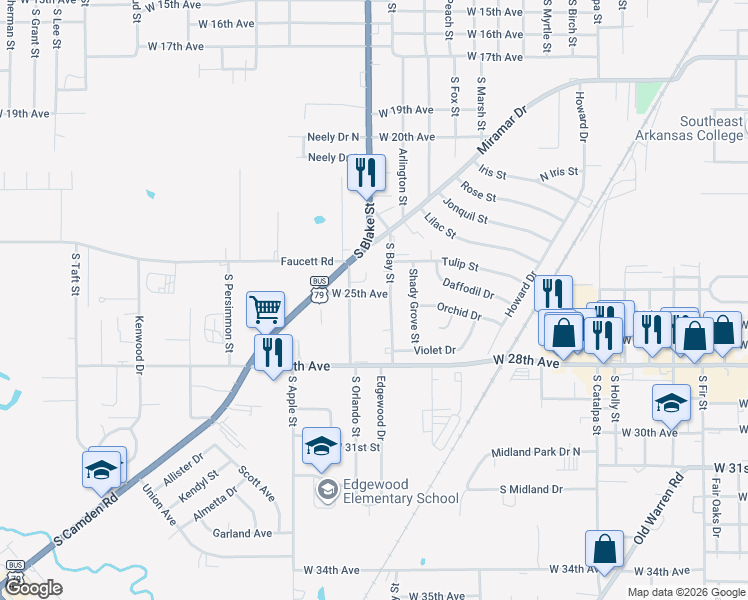 map of restaurants, bars, coffee shops, grocery stores, and more near 3802 West 25th Avenue in Pine Bluff