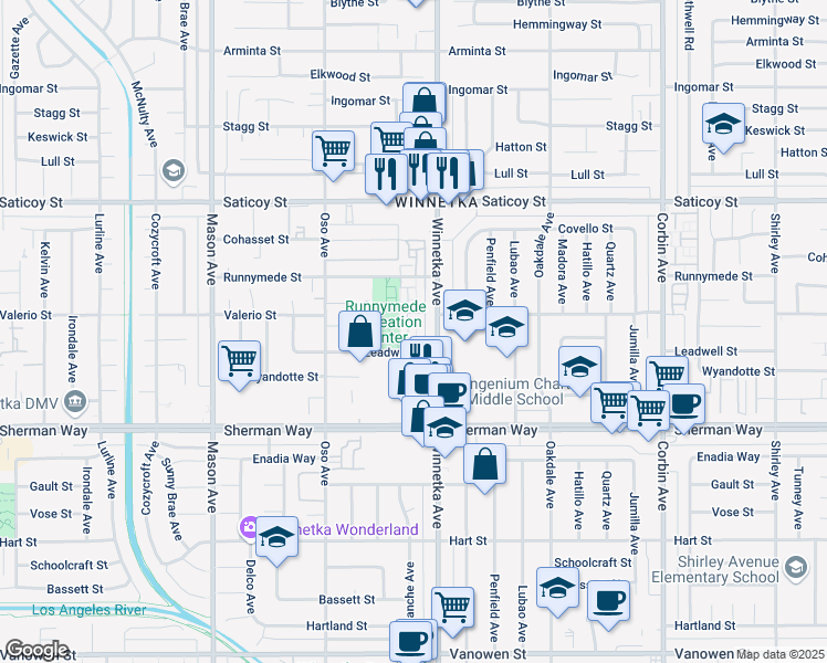 map of restaurants, bars, coffee shops, grocery stores, and more near 20119 Leadwell Street in Los Angeles