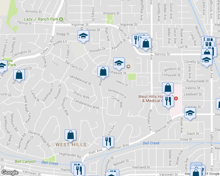 map of restaurants, bars, coffee shops, grocery stores, and more near 23379 Sandalwood Street in Los Angeles