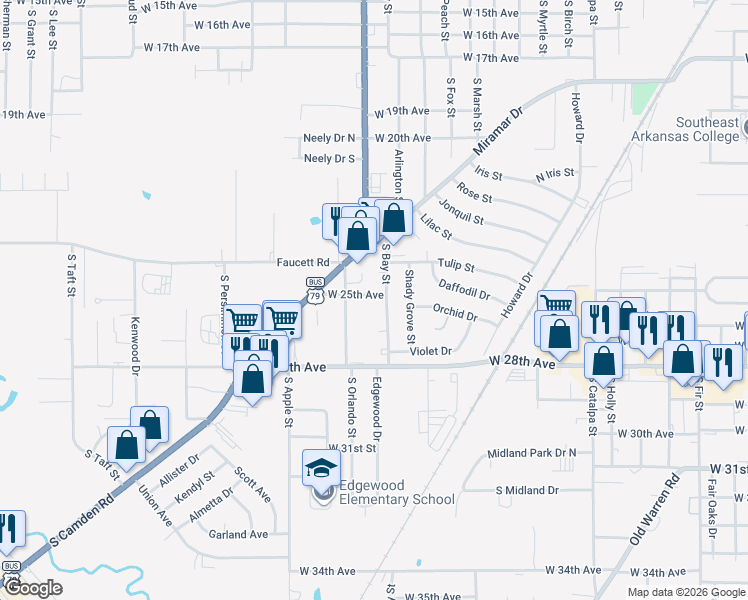 map of restaurants, bars, coffee shops, grocery stores, and more near 3802 West 25th Avenue in Pine Bluff