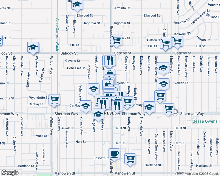 map of restaurants, bars, coffee shops, grocery stores, and more near 7343 Reseda Boulevard in Los Angeles