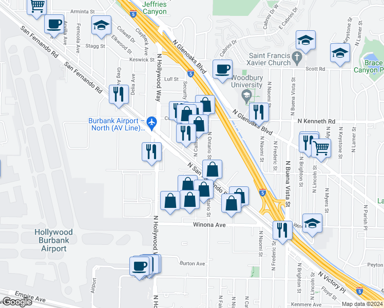 map of restaurants, bars, coffee shops, grocery stores, and more near 3210 North San Fernando Boulevard in Burbank