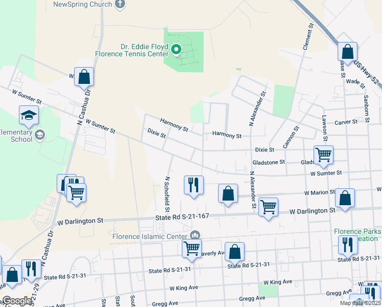 map of restaurants, bars, coffee shops, grocery stores, and more near 1210 Dixie Street in Florence