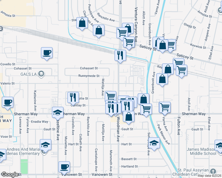 map of restaurants, bars, coffee shops, grocery stores, and more near 13727 Leadwell Street in Los Angeles