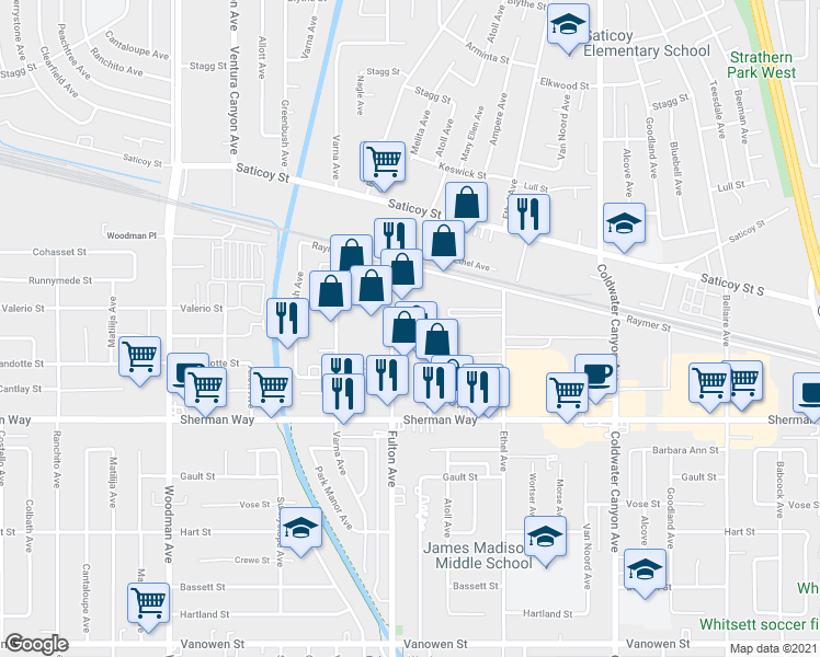map of restaurants, bars, coffee shops, grocery stores, and more near 7342 1/2 Fulton Avenue in Los Angeles