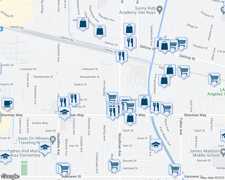 map of restaurants, bars, coffee shops, grocery stores, and more near 13727 Leadwell Street in Los Angeles