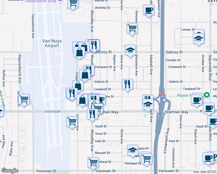 map of restaurants, bars, coffee shops, grocery stores, and more near 16010 Valerio Street in Los Angeles