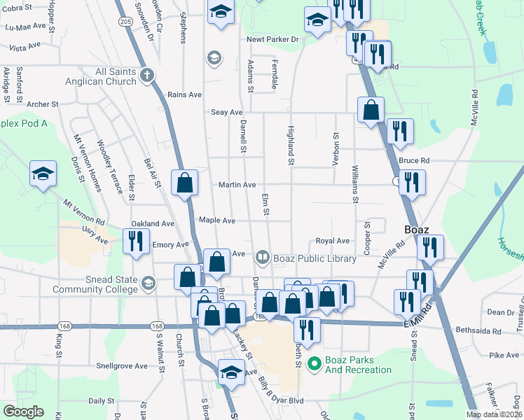 map of restaurants, bars, coffee shops, grocery stores, and more near 508 Elm Street in Boaz