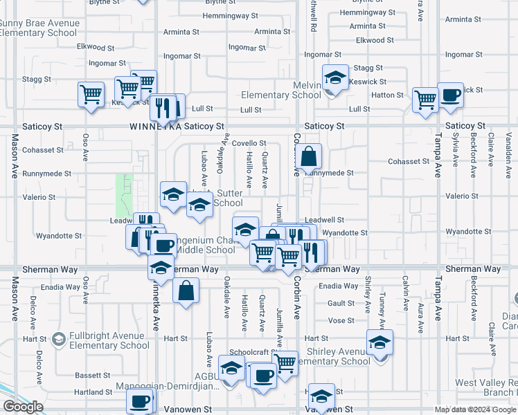 map of restaurants, bars, coffee shops, grocery stores, and more near 7353 Quartz Avenue in Los Angeles