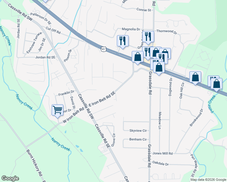 map of restaurants, bars, coffee shops, grocery stores, and more near 24 East Iron Belt Road Southeast in Cartersville
