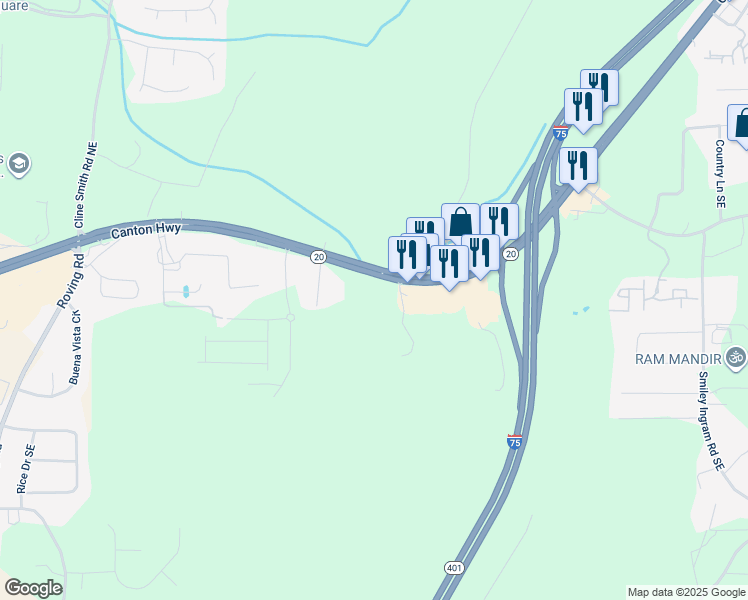 map of restaurants, bars, coffee shops, grocery stores, and more near 5600 Georgia 20 in Cartersville