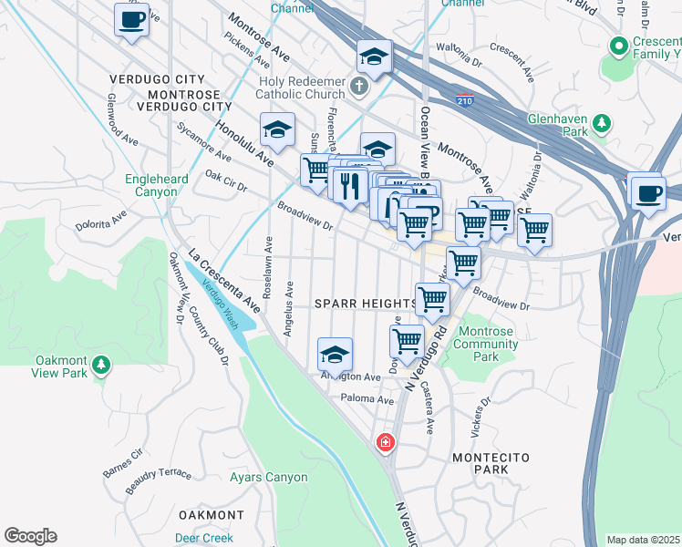 map of restaurants, bars, coffee shops, grocery stores, and more near 3536 Las Palmas Avenue in Glendale