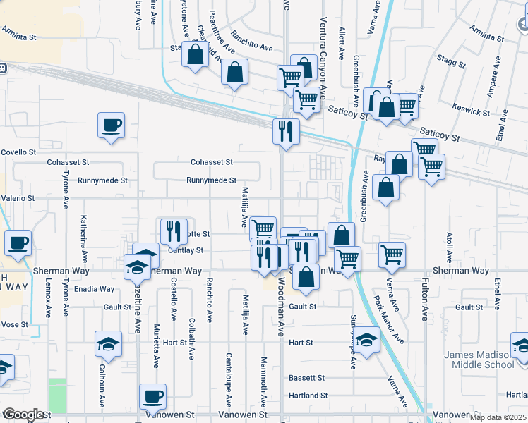 map of restaurants, bars, coffee shops, grocery stores, and more near 13727 Leadwell Street in Los Angeles