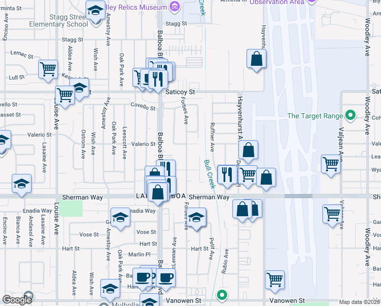 map of restaurants, bars, coffee shops, grocery stores, and more near 7350 Forbes Avenue in Los Angeles