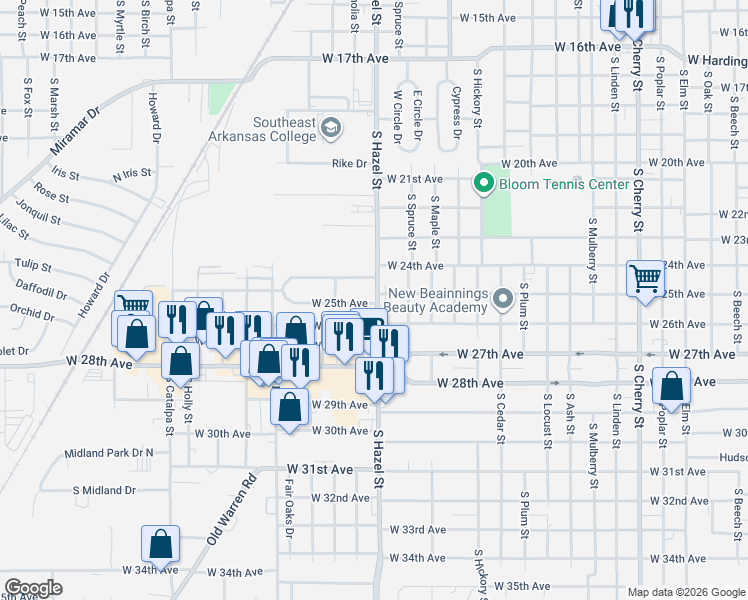 map of restaurants, bars, coffee shops, grocery stores, and more near 2307 West 25th Avenue in Pine Bluff