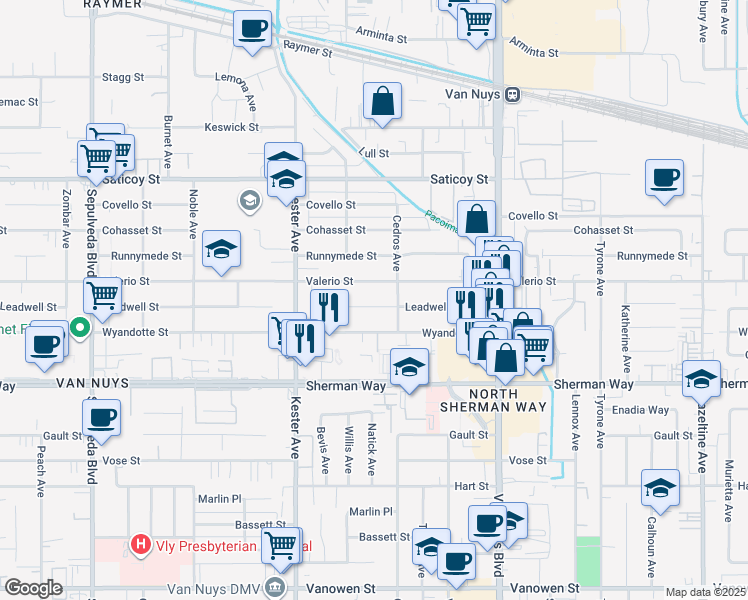 map of restaurants, bars, coffee shops, grocery stores, and more near 14727 Leadwell Street in Los Angeles