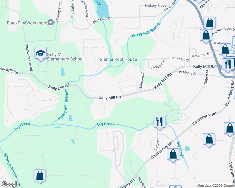map of restaurants, bars, coffee shops, grocery stores, and more near 204 Pine Forest Drive in Cumming