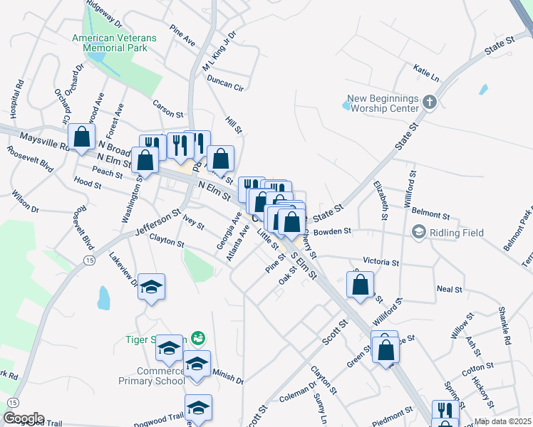 map of restaurants, bars, coffee shops, grocery stores, and more near 1828 North Broad Street in Commerce