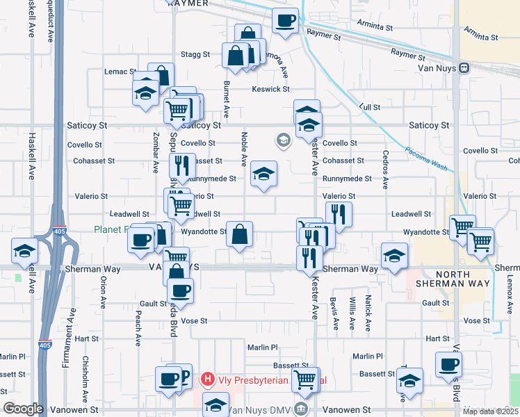 map of restaurants, bars, coffee shops, grocery stores, and more near 15024 Valerio Street in Los Angeles
