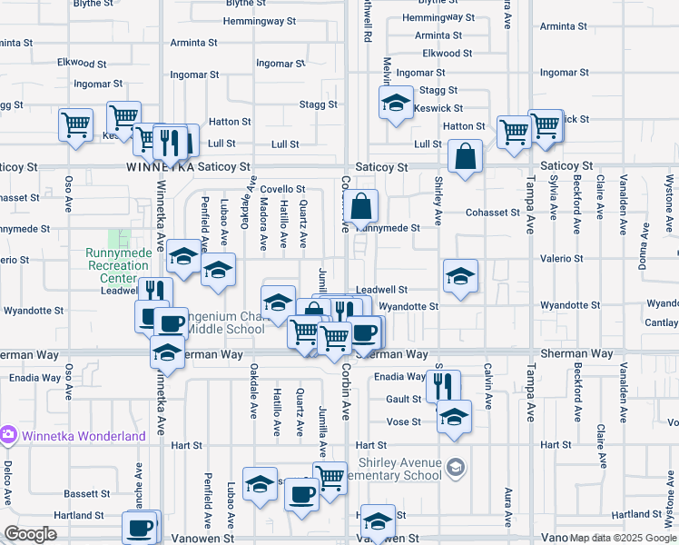 map of restaurants, bars, coffee shops, grocery stores, and more near 7350 Jumilla Avenue in Los Angeles