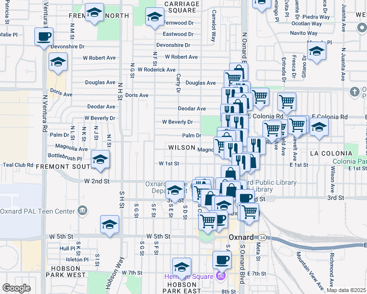 map of restaurants, bars, coffee shops, grocery stores, and more near 505 Magnolia Avenue in Oxnard