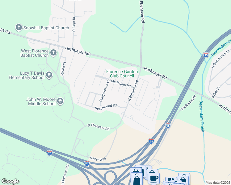 map of restaurants, bars, coffee shops, grocery stores, and more near 408 Somerset Place in Florence