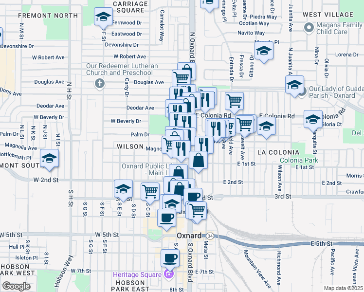 map of restaurants, bars, coffee shops, grocery stores, and more near 230 North A Street in Oxnard