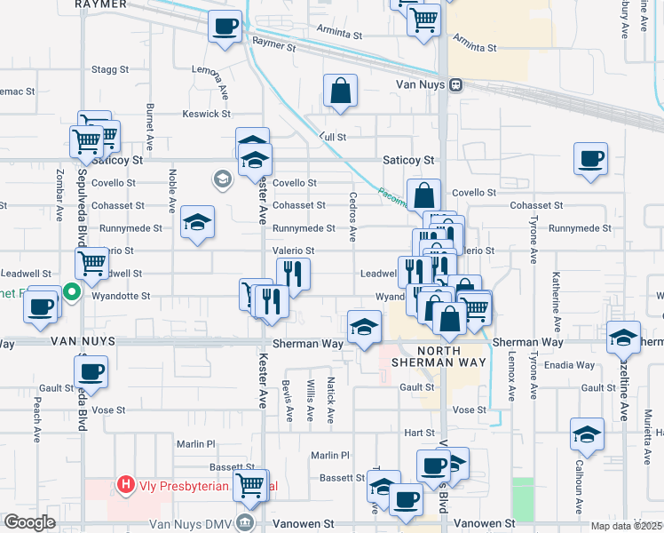 map of restaurants, bars, coffee shops, grocery stores, and more near 14727 Leadwell Street in Los Angeles