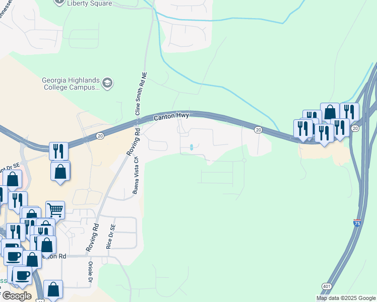 map of restaurants, bars, coffee shops, grocery stores, and more near 14 Stoneybrook Court Southeast in Cartersville