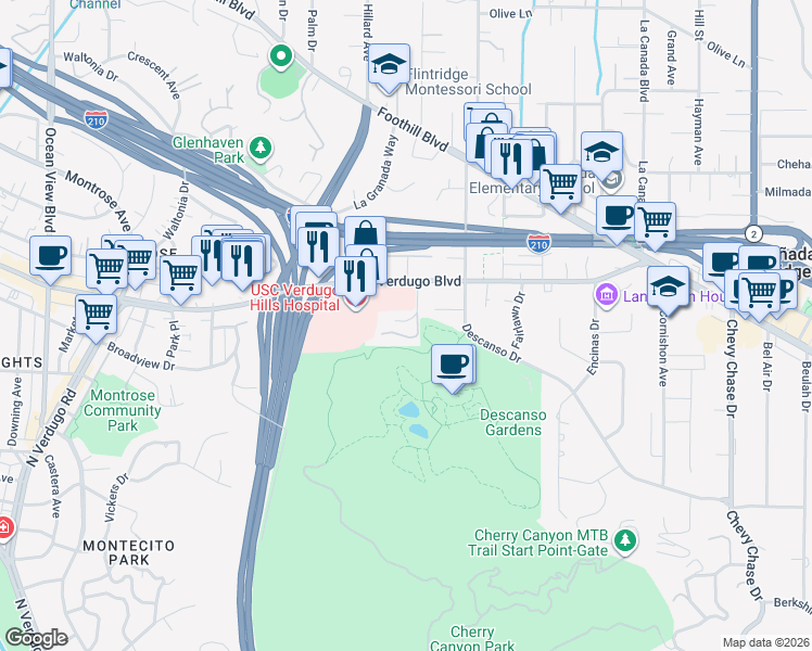 map of restaurants, bars, coffee shops, grocery stores, and more near 4120 Lenzgrove Lane in La Cañada Flintridge