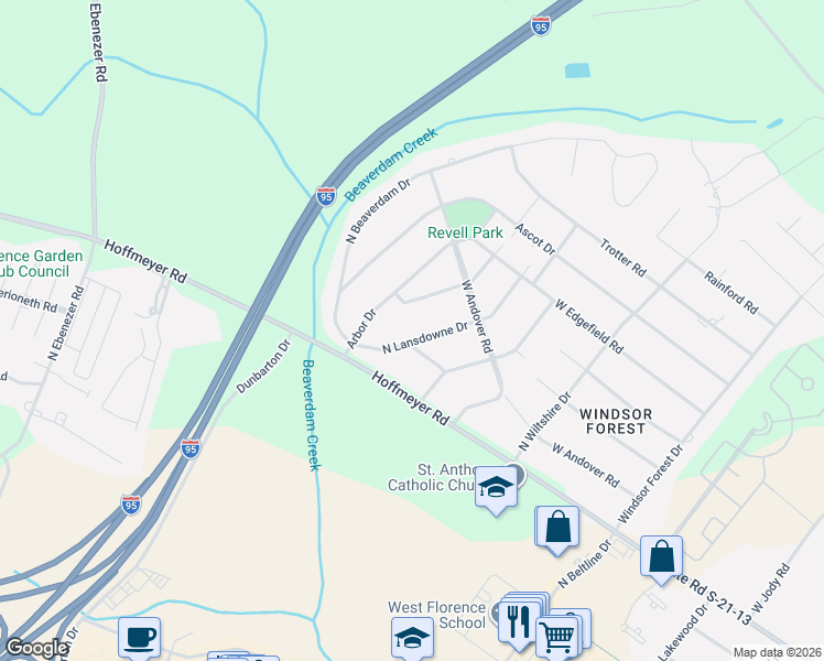 map of restaurants, bars, coffee shops, grocery stores, and more near 605 North Lansdowne Drive in Florence