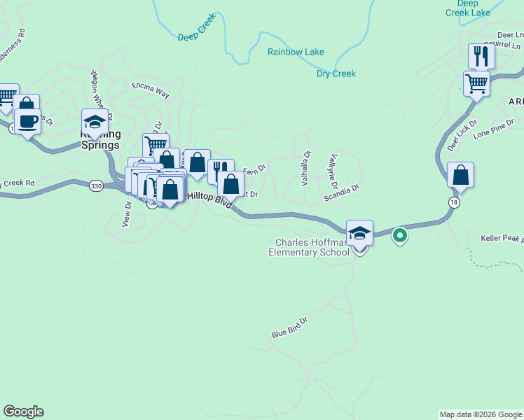 map of restaurants, bars, coffee shops, grocery stores, and more near 32255 Whisper Drive in Running Springs