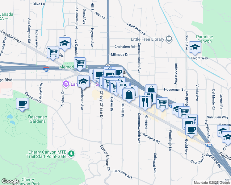 map of restaurants, bars, coffee shops, grocery stores, and more near in La Cañada Flintridge