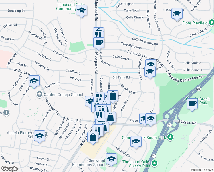 map of restaurants, bars, coffee shops, grocery stores, and more near 717 Rutgers Court in Thousand Oaks