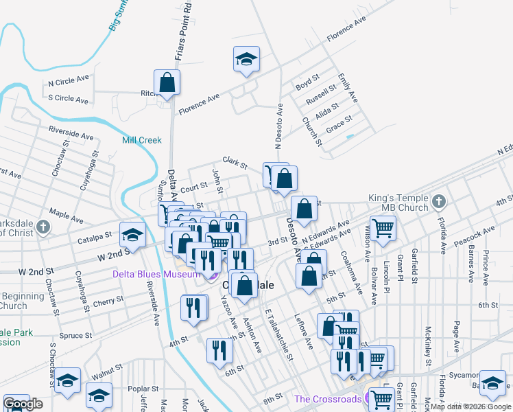 map of restaurants, bars, coffee shops, grocery stores, and more near 505 East 2nd Street in Clarksdale