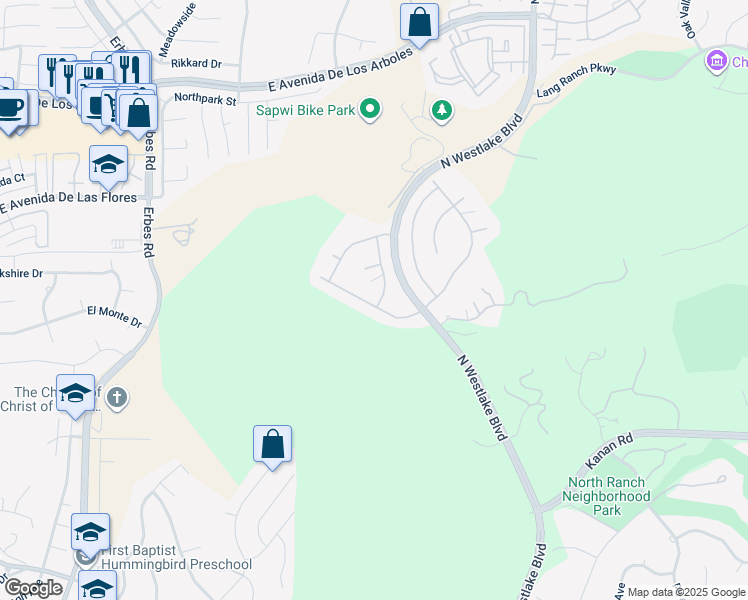map of restaurants, bars, coffee shops, grocery stores, and more near 2589 Featherwood Street in Westlake Village