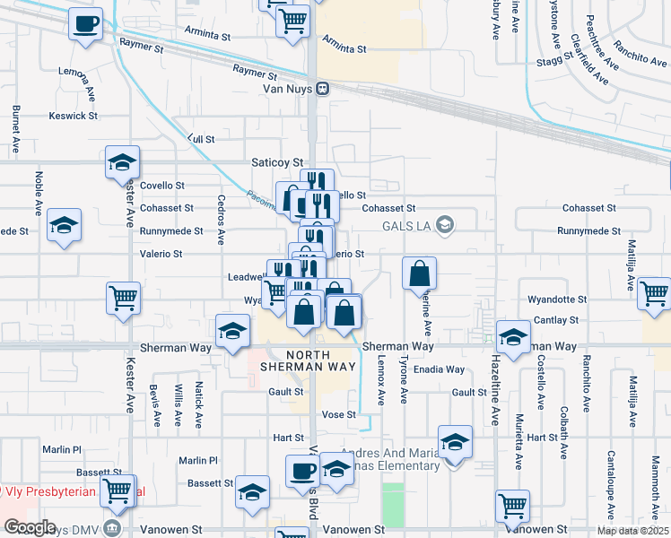 map of restaurants, bars, coffee shops, grocery stores, and more near 14432 Valerio Street in Los Angeles