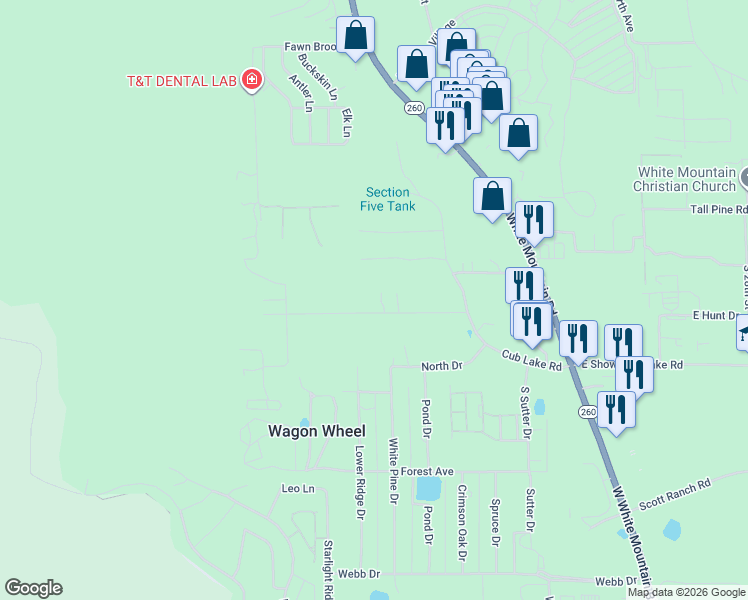 map of restaurants, bars, coffee shops, grocery stores, and more near 1292 Flores Drive in Show Low